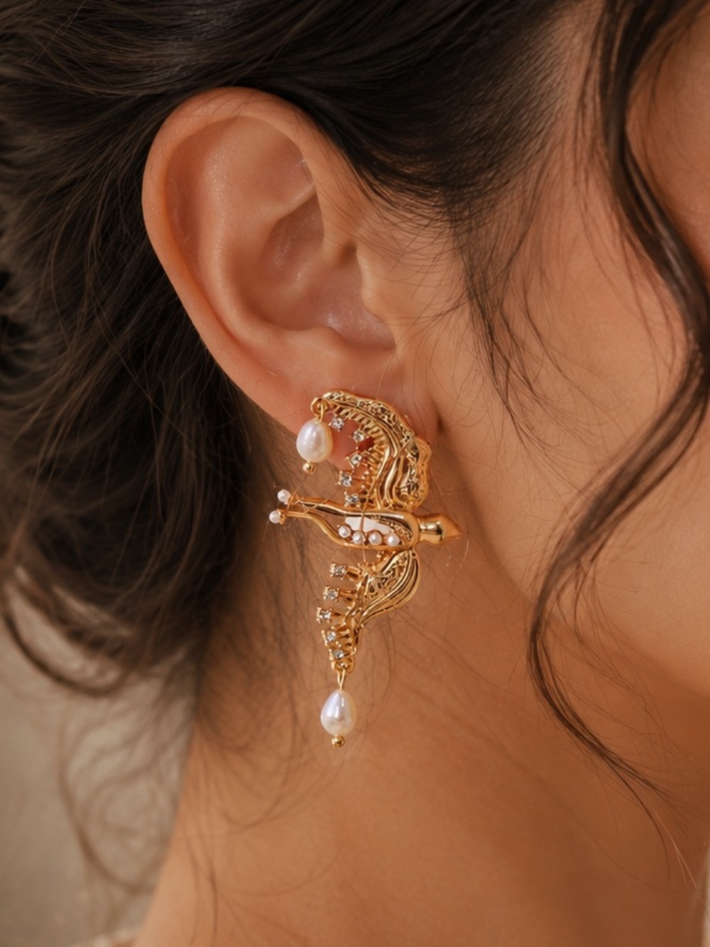 Bird Pearl Earrings 18 K Gold Plated